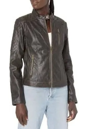 Levi Strauss Moto Jacket Womens Size M Brown Good Faux Leather Quilted Edgy thumbnail 1