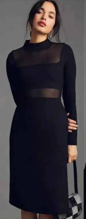 Anthropologie Black Sheer-Panel Long Sleeve Midi Dress thumbnail 1