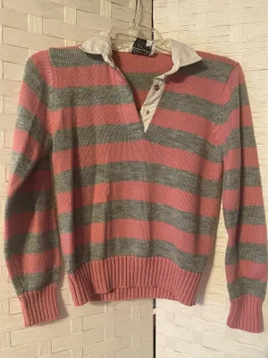 Ricki vtg v-neck women's Med stripe sweater Retro 80's memories style collared thumbnail 1