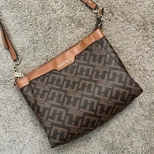 Ellen Tracy Signature Monogram Zip Medium Crossbody Bag Brown Faux Leather Purse thumbnail 1