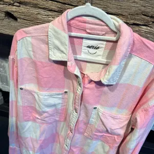 Aerie flannel pink plaid button up women’s small oversized thumbnail 2
