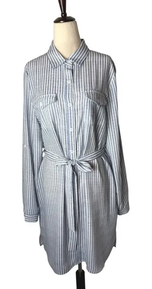 Joy Joy Dress Women Large Blue White Striped Button‎ Front Tie Waist Shirt NWT thumbnail 1
