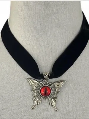 Black Ribbon Choker Necklace Silver Tone Butterfly Charm Pendant Red Center thumbnail 7