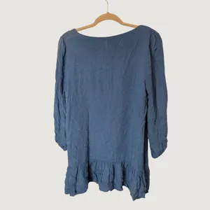 Entro Blue Embroidered Bib Ruffle Hem Mini Dress Boho Long Sleeve D3748 Small thumbnail 3