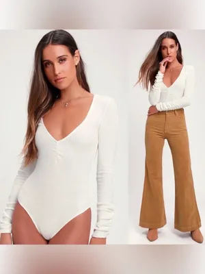 Free People Intimately Cozy Up With Me Ribbed V-Neck Bodysuit Sz L Balletcore thumbnail 2
