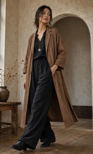 Boutique Brown Longline Duster Blazer Jacket Cotton Rayon Lagenlook Size Large thumbnail 1