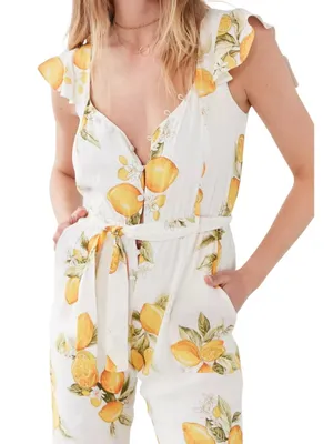 For Love & Lemons Limonada Tie-Front Jumpsuit Women's Medium White Lemon Print thumbnail 5