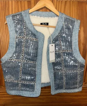 Miss Me Light Blue Sequin Jean  Vest thumbnail 1