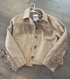 Fringe Button-Up Jacket in Beige Tan thumbnail 1