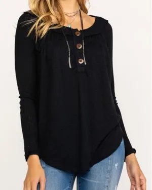 Free People Must Have Waffle Knit Henley Long Sleeve Top Black thumbnail 1