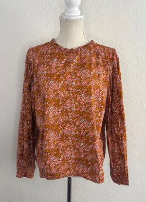 Universal Thread Floral Blouse L Excellent Ruffle Neck Long Sleeve Rust Multi thumbnail 1