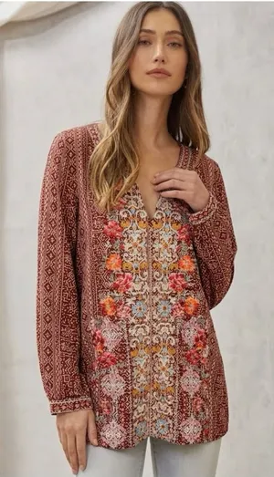 Savanna Jane Embroidered Blouse Tunic Top Medium Rayon Boho thumbnail 1