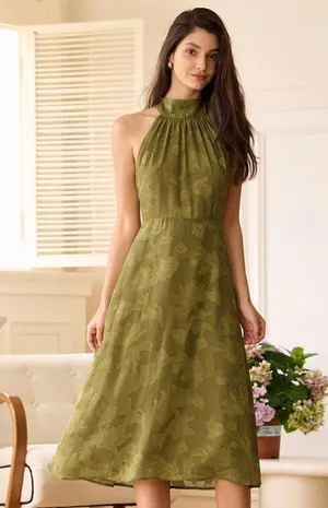 RIHOAS The Green Jacquard Ruched Halter Midi Dress L 76 thumbnail 1