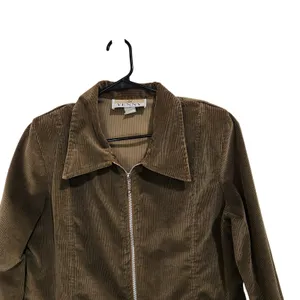 Yenny Brown Retro 3/4 Sleeves Zip Front Collared Corduroy Blazer Jacket Large thumbnail 3