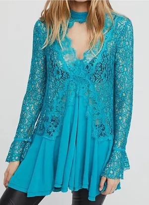 NWT Free People Tell Tale Ocean Blue Lace Tunic Top Dress XS thumbnail 1