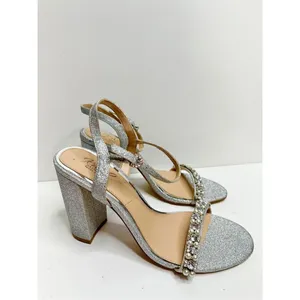 Badgley Mischka Sandals Size 8.5 Silver Block Heel Open Toe Embellished Bridal thumbnail 2