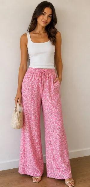 FRNCH Brittany Wide Legs In Pink Floral Pattern Sz M thumbnail 1