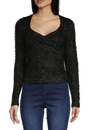 C&V Chelsea Violet NWT Black Sparkle Fuzzy Knit Long Sleeve Cropped Sweater S‎ thumbnail 1