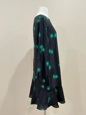 Ann Taylor Green Floral Jacquard Black Flounce Shift Dress with Pockets Size 8 thumbnail 6