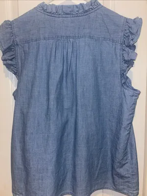 J Crew Sleeveless Chambray Ruffle Top With V Neck And Ruffled Trim Along Sleeves thumbnail 6