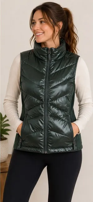 Tek Gear Women’s Small Puffer Vest Dark Green Full Zip Fleece Side Panels thumbnail 1