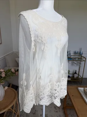Rock & Roll Cowgirl Romantic Ivory Embroidered Lace Boho Tunic Western Top S thumbnail 3
