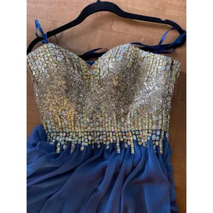 2000s Glow Dress Blue Chiffon Beaded Prom Gown Gold Sequin Formal Strapless S thumbnail 8