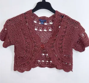 American Eagle crochet knit Y2K burgundy brown open weave shrug size medium thumbnail 1