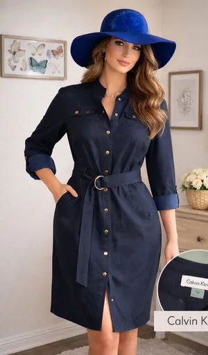 Calvin Klein Shirt Dress Navy Blue Belted Button Front Size 8 thumbnail 1