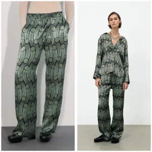 Zara Green Geometric Flowy Satin Cropped Pants Size Large Abstract Funky Boho thumbnail 2