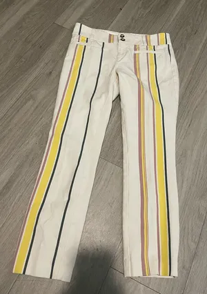 Anthropologie White Cotton-Blend Pants with Yellow & Pink Stripes thumbnail 1