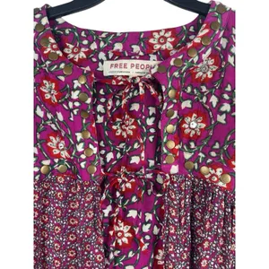 Free People Boho Floral Peasant Top M Purple Red Tie Up Studded Beaded Rayon thumbnail 3