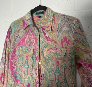 Lauren Ralph Lauren Womens Pink Multi Paisley Cotton Button Down Shirt Small thumbnail 1