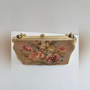 Vintage Souré Bag NY Tapestry Handbag - 1950s Floral Needlepoint & Gold Shimmer thumbnail 3