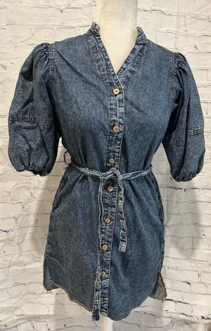 Rebellion denim puff sleeve button down short shirt dress with a tie waist S thumbnail 1