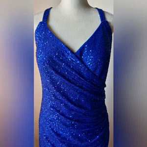 LA FEMME Curve Blue Sequin Formal Thigh‎ Slit Open Back Dress Sz 16 Homecoming thumbnail 7