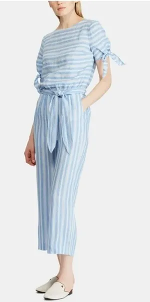Lauren Ralph Lauren Blue & White Striped 100% Linen Wife Leg Jumpsuit Size 10 thumbnail 1