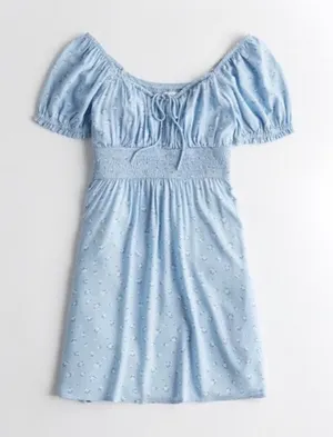 Hollister Blue Swiss Dot Puff Sleeve‎ Ruched Coquette Mini Dress Small thumbnail 1