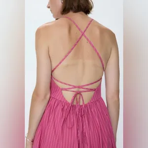 Pistola Sadee Open Back Midi Dress Magenta Pink Stripe Cotton Summer Sundress L thumbnail 6