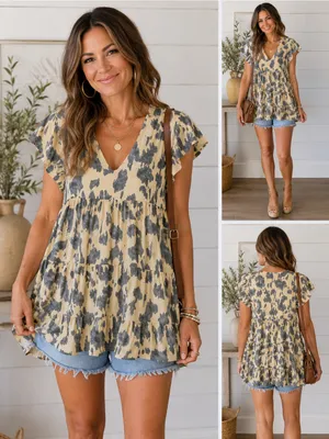 entro Beige and Gray Floral V-Neck Tiered Flutter Sleeve Tunic thumbnail 2
