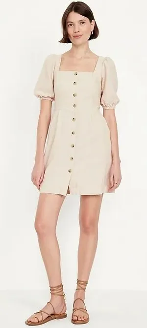 Old Navy Puff Sleeve Linen Blend Mini Dress Beige Neutral Button Front Size M‎ thumbnail 1