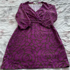 Boden purple black floral geometric print V-neck shift mini dress, size 6 preppy thumbnail 9