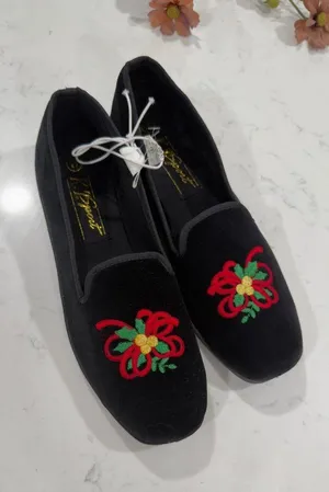 Women's Black Velvet Slip-On Loafers with Red Floral Embroidery thumbnail 1