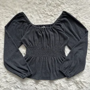 Sweater Plush Square-Neck Smocked Top Long Sleeve Dark Gray M thumbnail 3