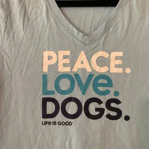 Life Is Good Blue V-neck Tee Cotton Peace Love Dogs Gorpcore Women's size Medium thumbnail 3