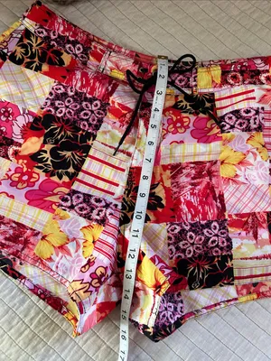Vtg pink yellow black Hawaiian retro tropical patchwork boho 70’s board shorts L thumbnail 3