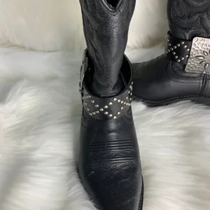 Handmade Womens Black Studded Leather Metal Buckle Removable Boot Band One Size thumbnail 4