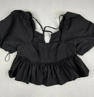 Kimchi Blue Black Puff Sleeve Peplum Top Open Back Tie Coquette S thumbnail 1