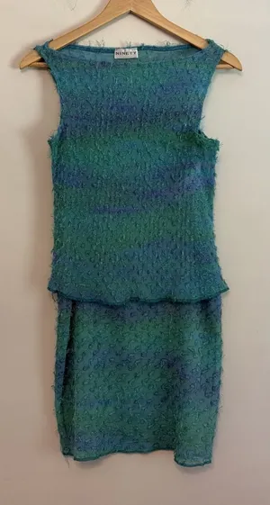 Ninety 2 Pc Skirt Set Medium Teal Blue Textured Sheer Sleeveless Y2K NWT thumbnail 1