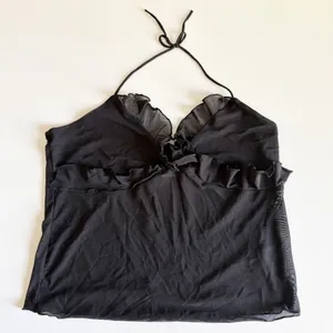 H&M Divided Womens Y2K Black Sheer Mesh Ruffle Rosette Whimsigoth Halter Top M thumbnail 1